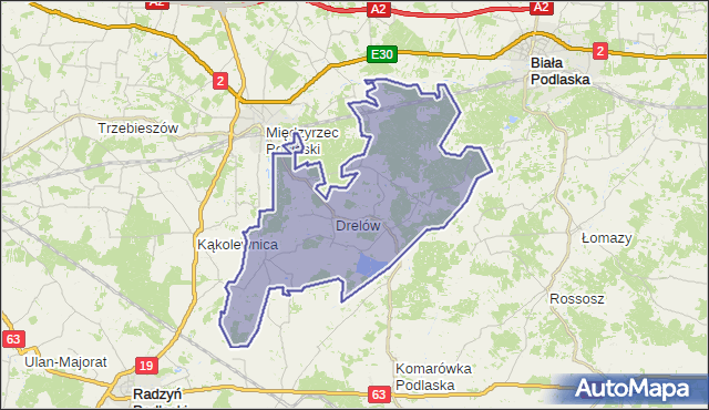 Mapa Polski Targeo, gmina Drelów - powiat bialski na mapie Targeo